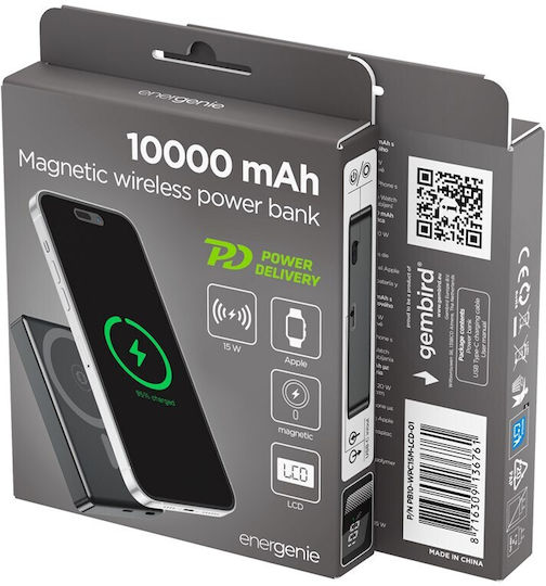 Gembird PB10-WPC15M-LCD-01 MagSafe Power Bank 10000mAh 15W mit USB-C Ausgangsanschlüsse Schnellladung Schwarz