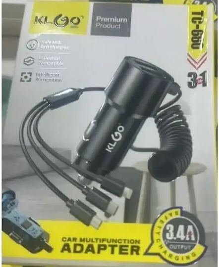 Autoladegerät 33W mit Anschlüssen: 2xUSB-A zusammen mit Kabel Lightning / Mikro-USB / Typ-C Schwarz Farbe