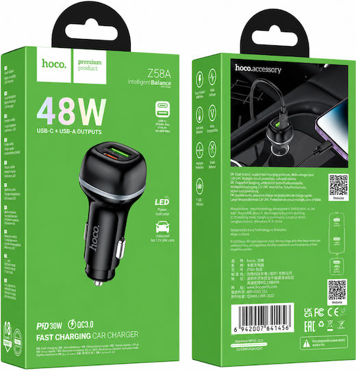 Hoco Z58a Handy-Autoladegerät 18W Schnellladen mit Anschlüssen 1xUSB-A 1xType-C Schwarz Farbe