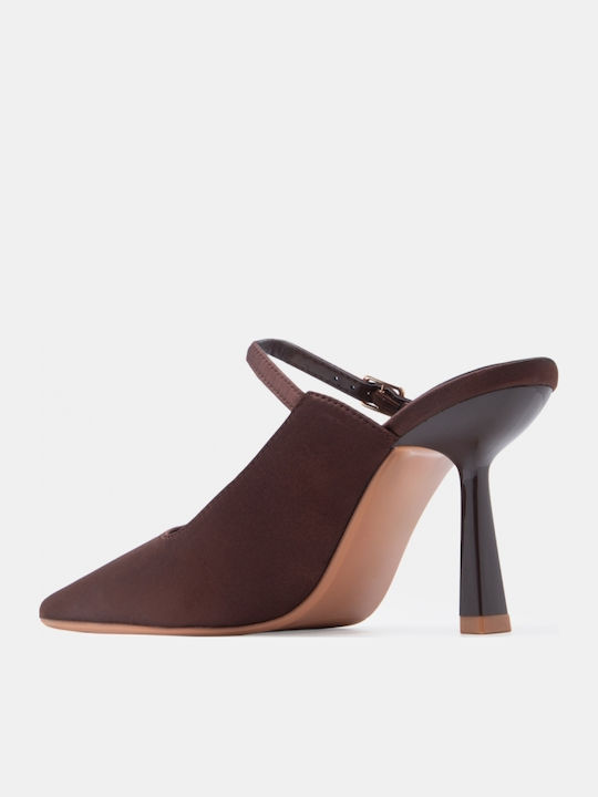 Satin Damen Pantoletten mit Hoch Absatz in Braune Farbe