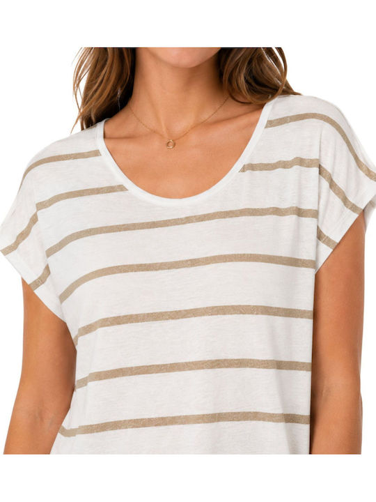 Women's Blouse Short Sleeve with V-Neck Striped White