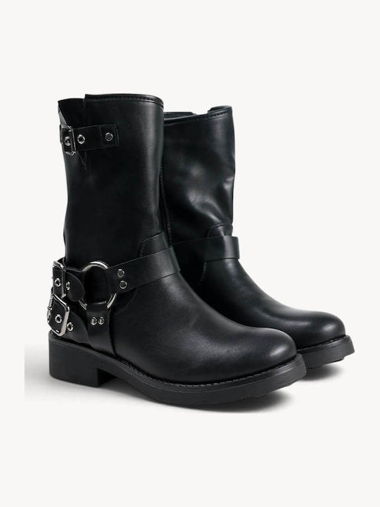 Black Biker Boots With Metal Rings Buckles