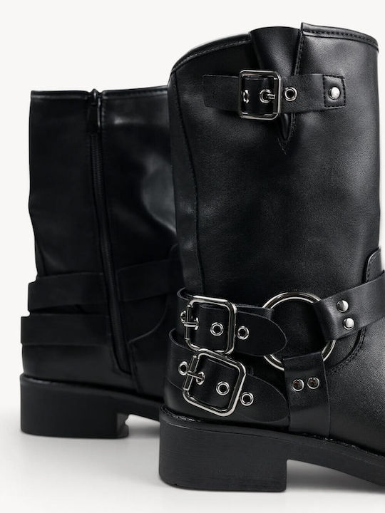 Black Biker Boots With Metal Rings Buckles