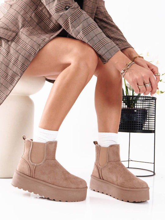 Beige Suede Chelsea Ankle Boots Platform Sole