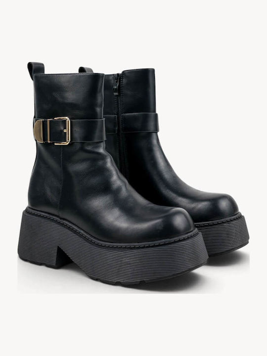 Black Ankle Boots Metal Buckle Chunky Sole