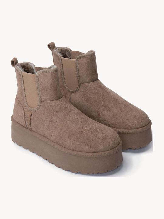 Beige Suede Chelsea Ankle Boots Platform Sole