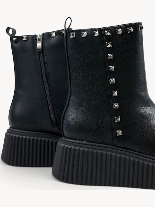 Schwarze Stiefeletten Damen Plattform mit Metallischen Nieten