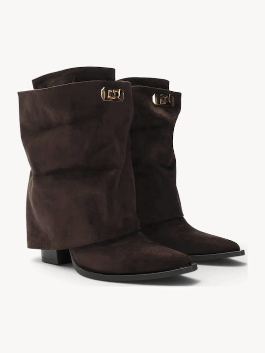 Brown Western Ankle Boots With Metallic Buckle And Gathered Detail