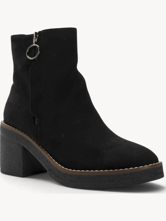 Black Suede Ankle Boots Decorative Zipper Ring