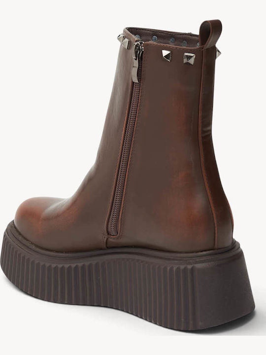 Tabac Brown Platform Ankle Boots with Metal Studs