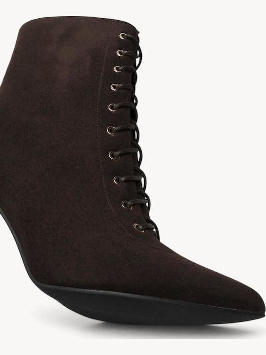 Brown Suede Ankle Boots With Laces High Thin Heel