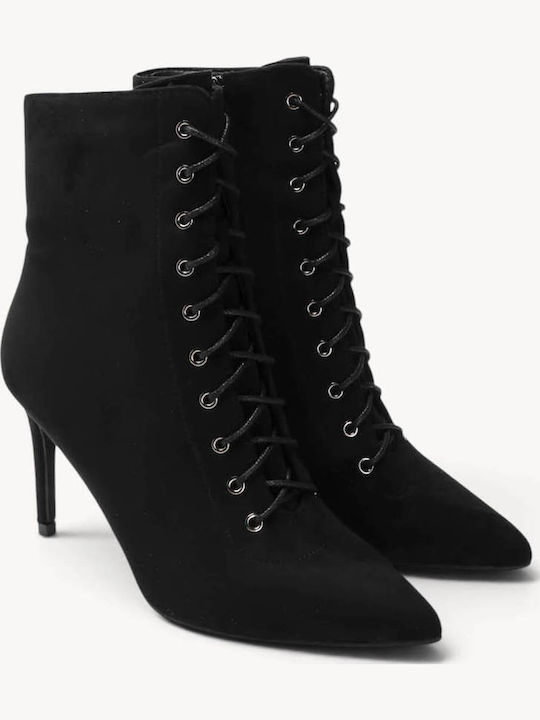 Black Suede Ankle Boots With Laces High Thin Heel