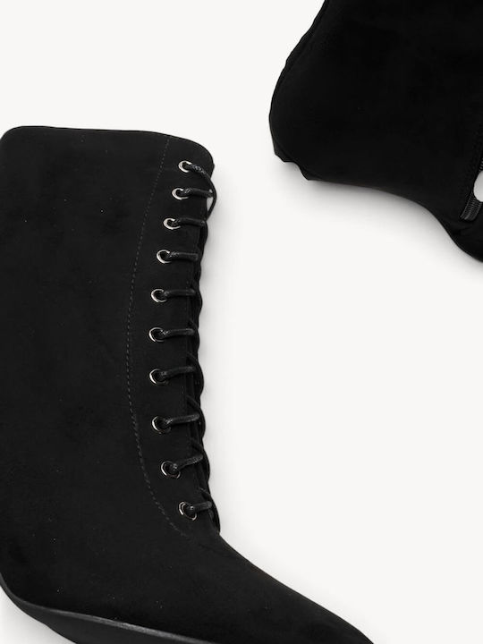 Black Suede Ankle Boots With Laces High Thin Heel