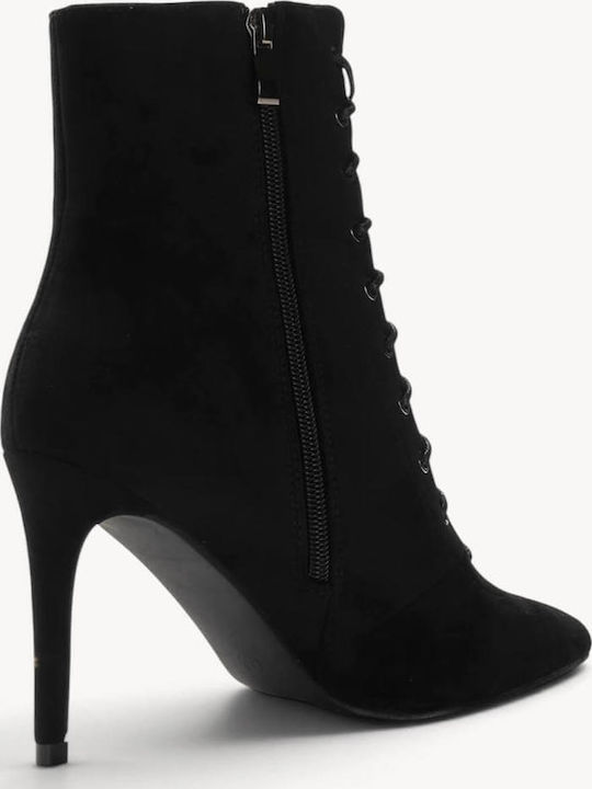 Black Suede Ankle Boots With Laces High Thin Heel