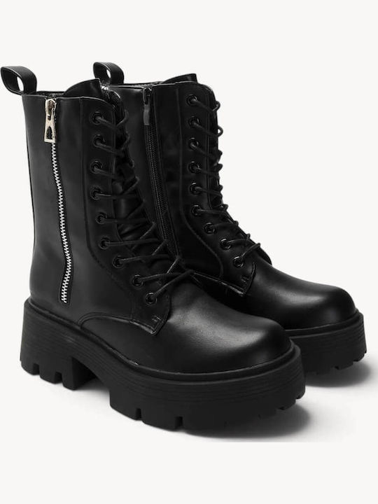 Black Combat Boots With Laces External Zipper