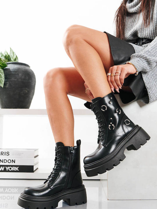 Black Combat Boots Metal Decorations Chunky Sole
