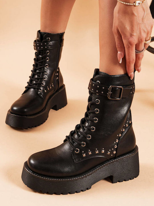 Black Combat Boots Studs Chunky Sole