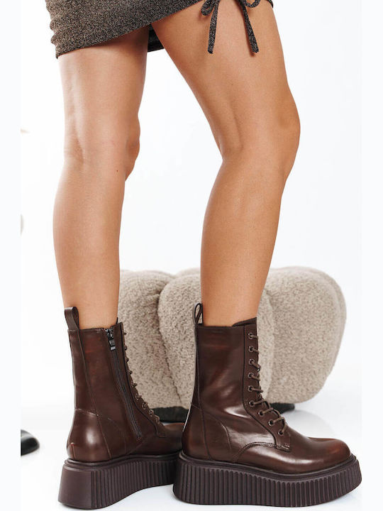 Tabac Brown Ankle Boots with Laces Embossed Platform Sole