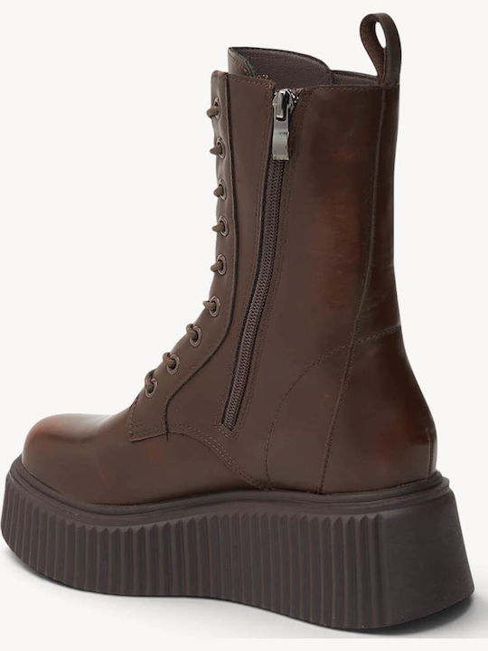 Tabac Brown Ankle Boots with Laces Embossed Platform Sole