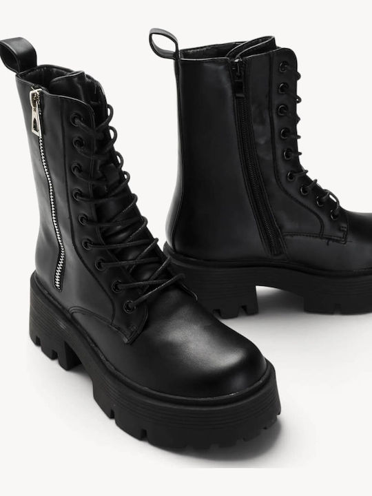 Black Combat Boots With Laces External Zipper