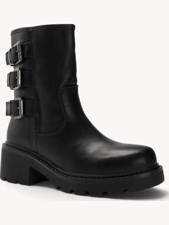 Black Ankle Boots Triple Buckles Chunky Heel
