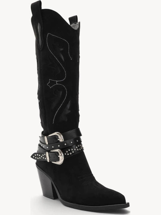 Schwarze Cowboy Stiefel mit Lochmustern und Doppelten Schnallen