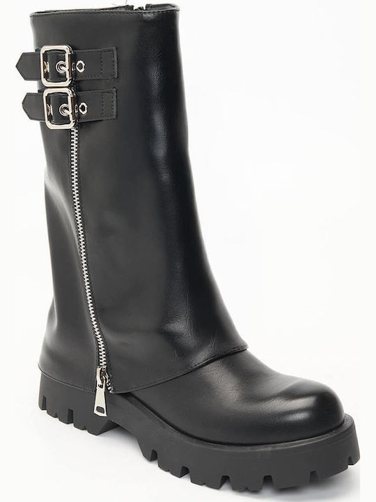 Schwarze Damenstiefel Biker Doppelgurt mit Reißverschluss