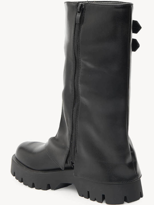 Schwarze Damenstiefel Biker Doppelgurt mit Reißverschluss