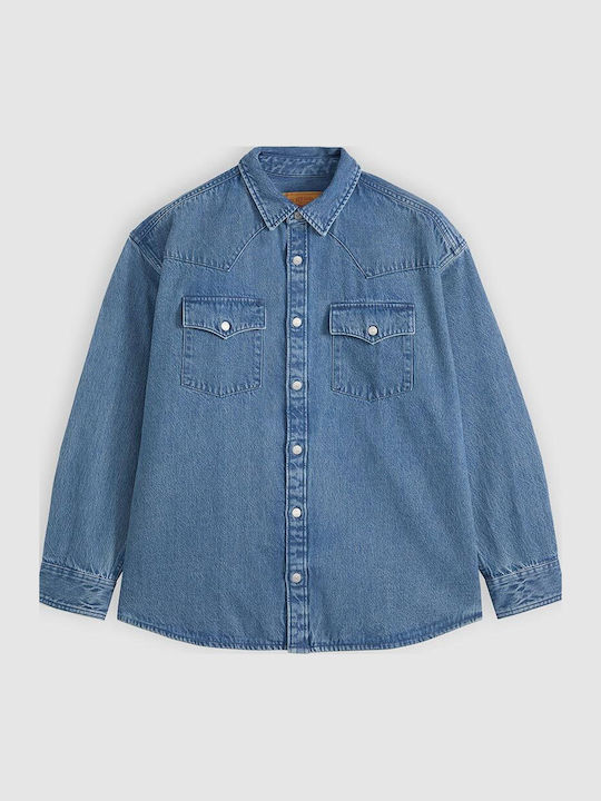 Western Μακρυμάνико Деним Overshirt в Широка Кройка Medium Wash