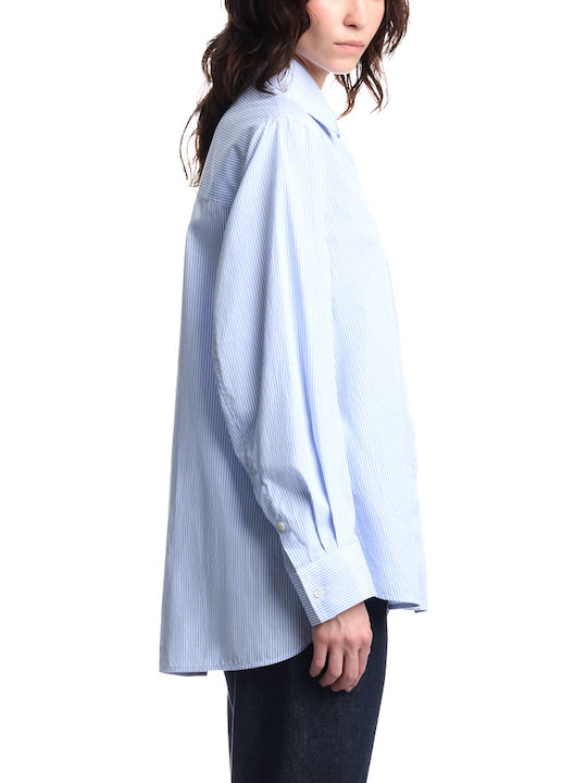 Long Sleeve Women's Cotton Shirt White-Blue Striped