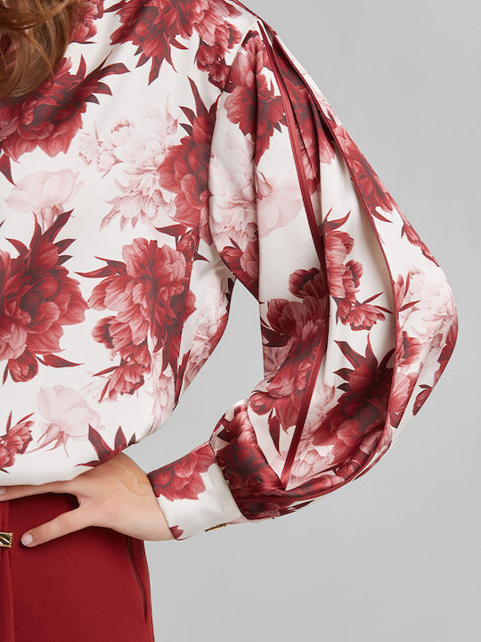 Langärmeliges Damen-Satin-Hemd Dunkelrotes Rot
