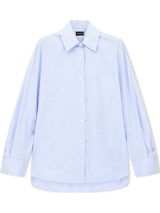 Long Sleeve Women's Cotton Shirt White-Blue Striped