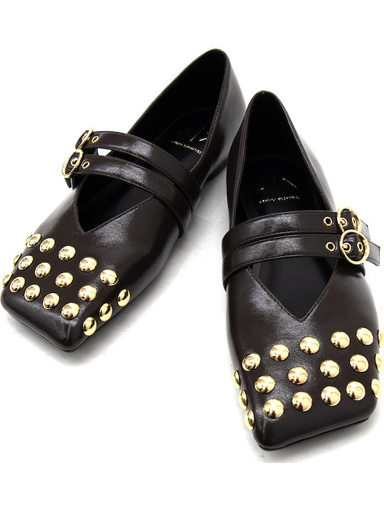 Damen Ballerinas Spitz zulaufend Mit Riemen Braune