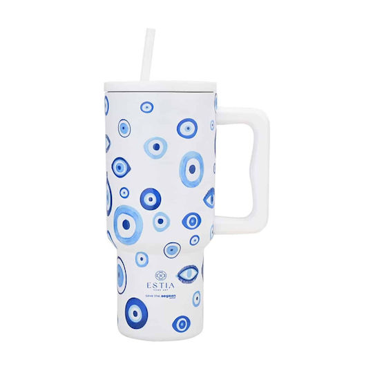 Estia Recyclable Handled Tumbler Thermos Stainless Steel BPA Free 900ml Spirit Of Luck with Straw and Handle