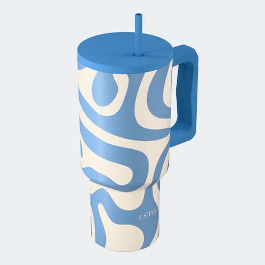 Straw Tumbler XL Save The Aegean Recycelbarer Handled Tumbler Thermosflasche Rostfreier Stahl BPA-frei 900ml Ocean Waves mit Stroh und Handgriff