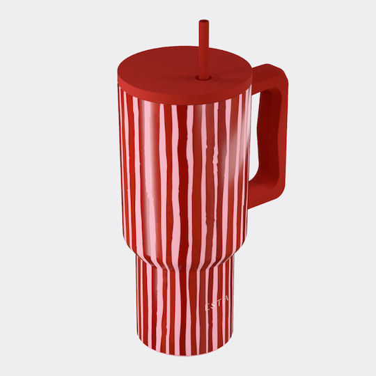 Estia Straw Tumbler XL Save The Aegean Recyclable Handled Tumbler Thermos Stainless Steel BPA Free 900ml Viva Stripe with Straw and Handle