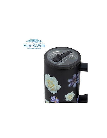 Nava "we Care" Чаша с Дръжка Термос Неръждаема Стомана / Пластмаса 900 ml Черен Флорален с Сламка и Дръжка