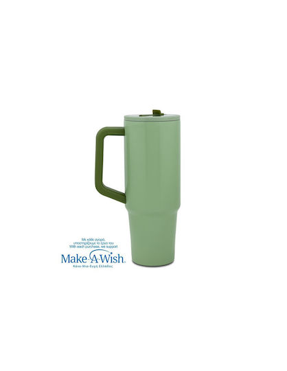 Nava "we Care" Handled Tumbler Thermos Stainless Steel / Plastic 900ml Green Floral with Straw and Handle