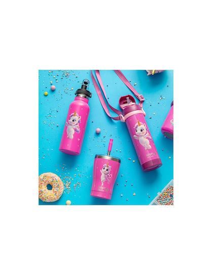 Nava We Care Glas Thermosflasche Rostfreier Stahl 400ml Rosa Einhorn mit Stroh