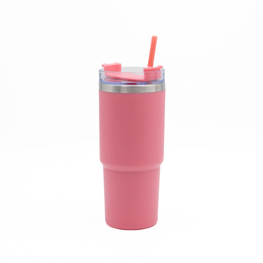 TnS Thermos Bottle Stainless Steel 600ml Pink with Straw
