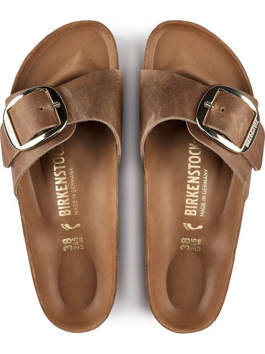 Madrid Big Buckle Oiled Leather Leather Women's Anatomic Sandals Cognac Narrow Fit