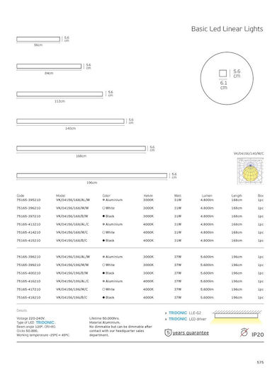 VK Lighting LED Комерсиално Линейно Осветление Светило Таван 44W Неутрално бяло IP20 Ш196xД6.1xВ5.6см.