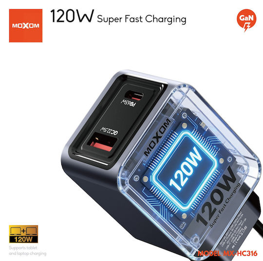 Moxom Зарядно Устройство Без Кабел GaN с USB-A Изходен Порт и USB-C Изходен Порт 120W Черно 022626