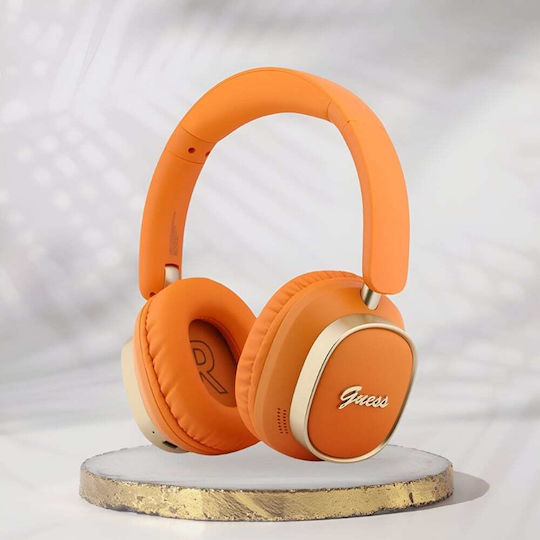 Guess Rectangle Metal Script Logo ENC Wireless Bluetooth Over Ear Headphones with 26 Hours Playing Time Orange