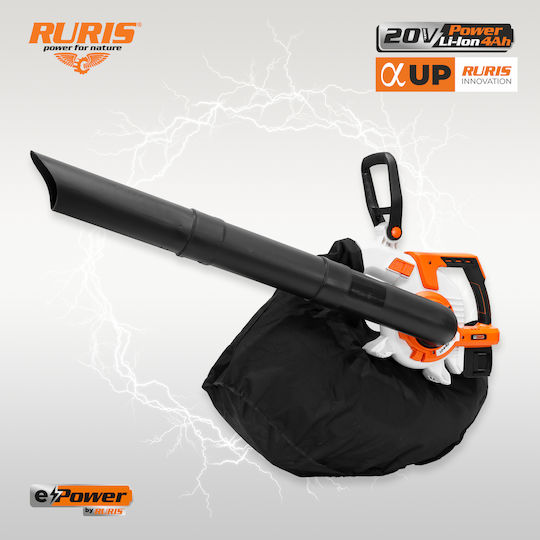 Ruris 1244e Φυσητήρας / Απορροφητήρας Χειρός 20V με 2 Μπαταρίες 4Ah & Ρύθμιση Έντασης με Μέγιστη Ταχύτητα Αέρα 288km/h
