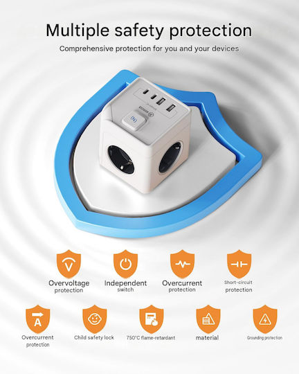 Honizer 7-in-1 Cub Multi-Priză Triplu Prize Electrice Cu Cheie Cu 2 Porturi USB Cu Comutator Albă