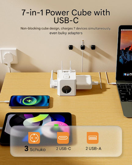 Honizer 7-in-1 Cub Multi-Priză Triplu Prize Electrice Cu Cheie Cu 2 Porturi USB Cu Comutator Albă