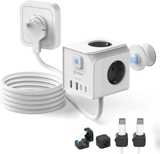 Honizer 7-in-1 Cub Multi-Priză Triplu Prize Electrice Cu Cheie Cu 2 Porturi USB Cu Comutator Albă