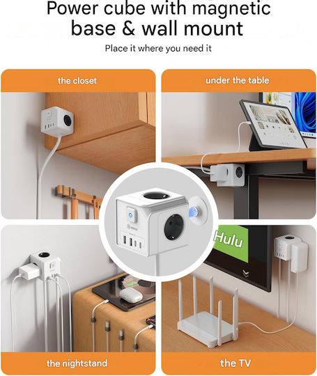 Honizer 7-in-1 Cub Multi-Priză Triplu Prize Electrice Cu Cheie Cu 2 Porturi USB Cu Comutator Albă
