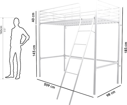 Pat pentru copii Loft Bed Single cu saltea Alb 90x200cm